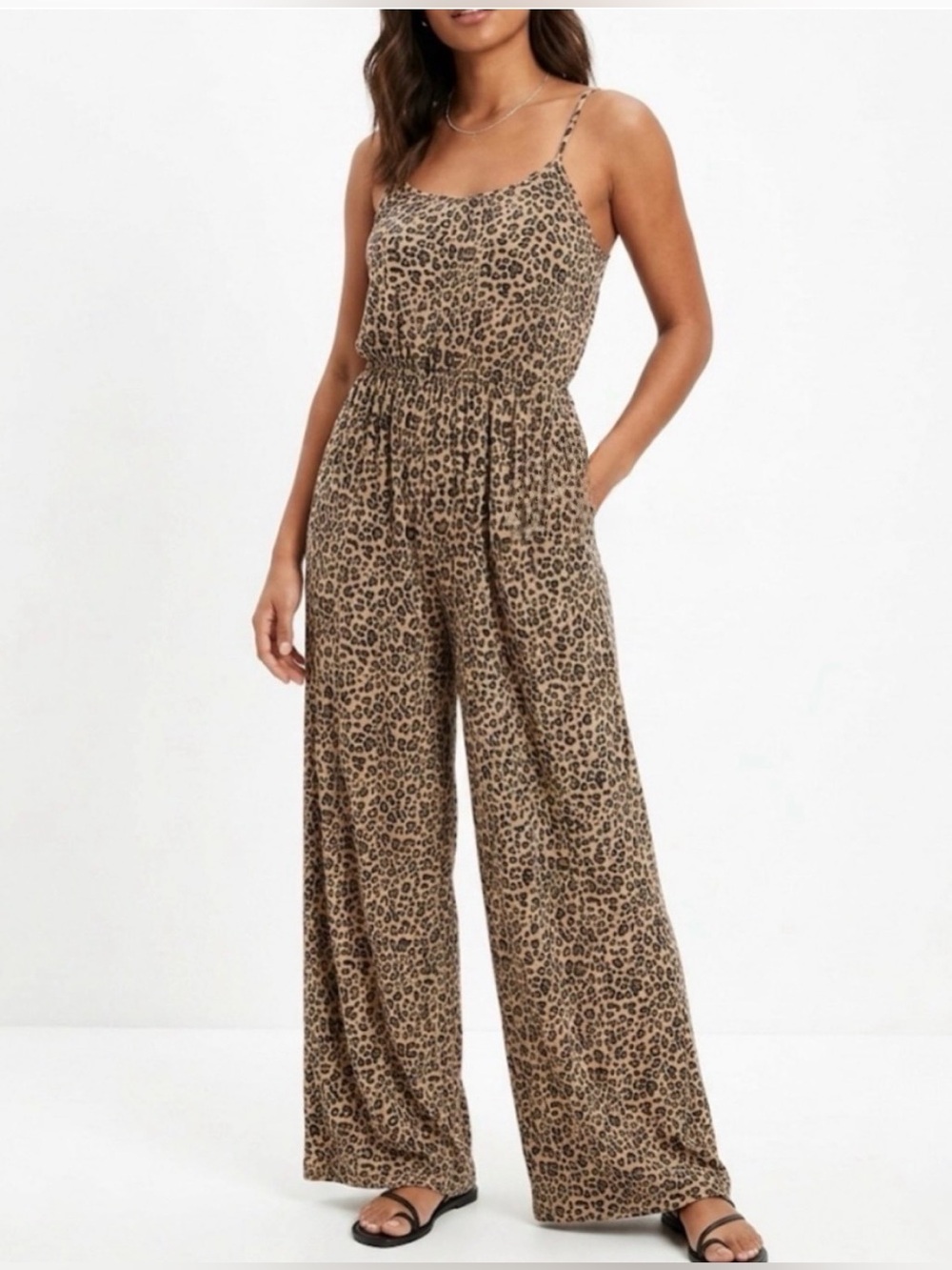 Active USA Leopard Print Spaghetti Straps Wide-Leg Jumpsuit - Tan/Black S